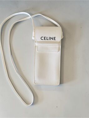 Celine White Leather Crossbody Phone Pouch with Strap